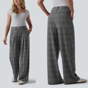 NWT HALARA High Waisted Wide Leg Houndstooth Plaid pCasual Pants Pockets Gray XL